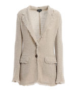 Blazer beige in tweed paillettato con frange