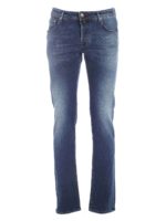 Jeans blu delave con logo arancione