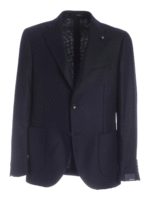 Giacca monopetto blu con spilla logo