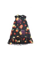 Abito lungo nero con rouches stampa frutta