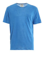 T-shirt blu in lino con taschino al petto