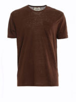 T-shirt marrone in lino con taschino al petto