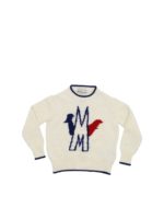 Pullover color panna con intarsio blu e rosso