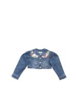 Giubbino in denim blu con ricami floreali