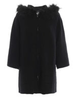 Cappa nera in lana con bordo in pelliccia