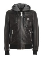 Bomber in pelle con cappuccio