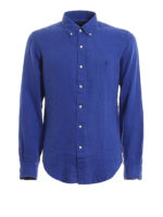 Camicia blu in lino con colletto button down