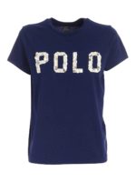 T-shirt blu con logo decorato