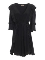 Abito con volant e scollo a V in misto seta