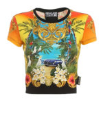 T-shirt crop in jersey con fantasia tropicale